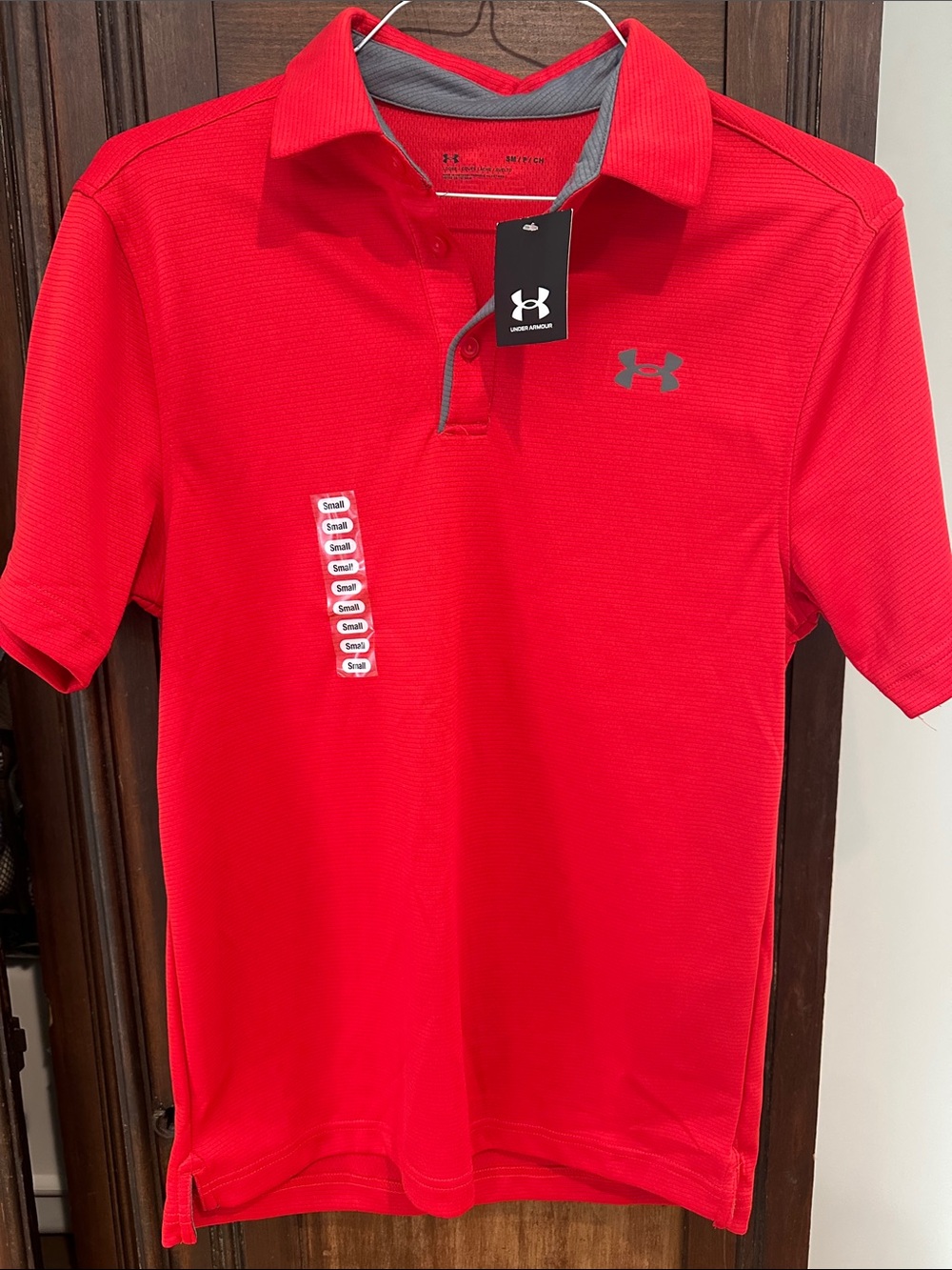 Under Armour Red Performance Polo with Gray Logo NWT small